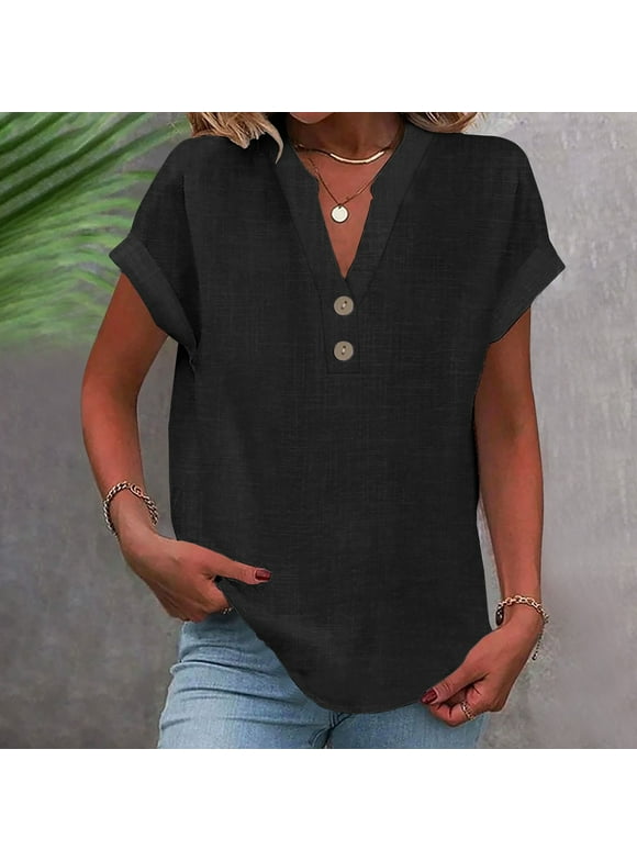 Shirts under $5 Womens Plus Size Cotton Linen Shirts Fashion Casual Solid V Neck Buttons Short Sleeve Tunic Blouse Summer Tops for Women Casual Tops
