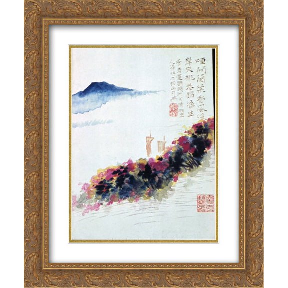 Shitao 2x Matted 20x24 Gold Ornate Framed Art Print 'Riverbank of Peach Blossoms'