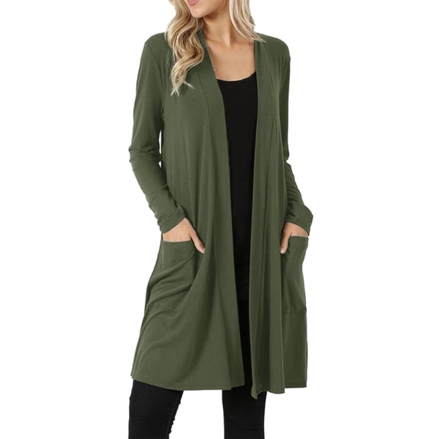 Shiusina Casual Women Lightweight Open Front Cardigan Solid Soft Long Sleeve Sweater With Pockets Army Green + S