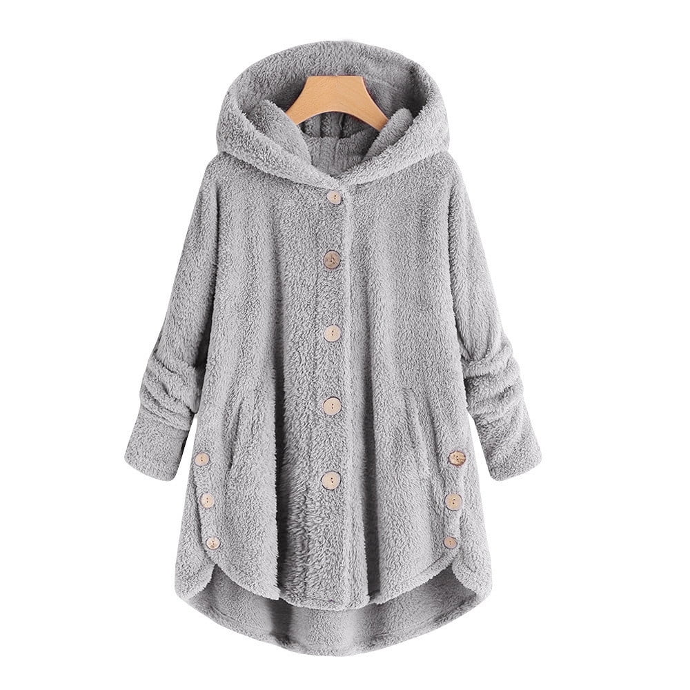 Shiusina Fashion Women Button Coat Tail Tops Hooded Pullover Loose Sweater  Gray + L 