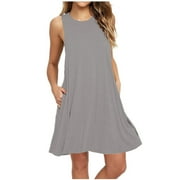 YOTYUKEB Shiusina Fashion Women O-Neck Casual Solid Pockets Sleeveless Above Knee Dress Grey S