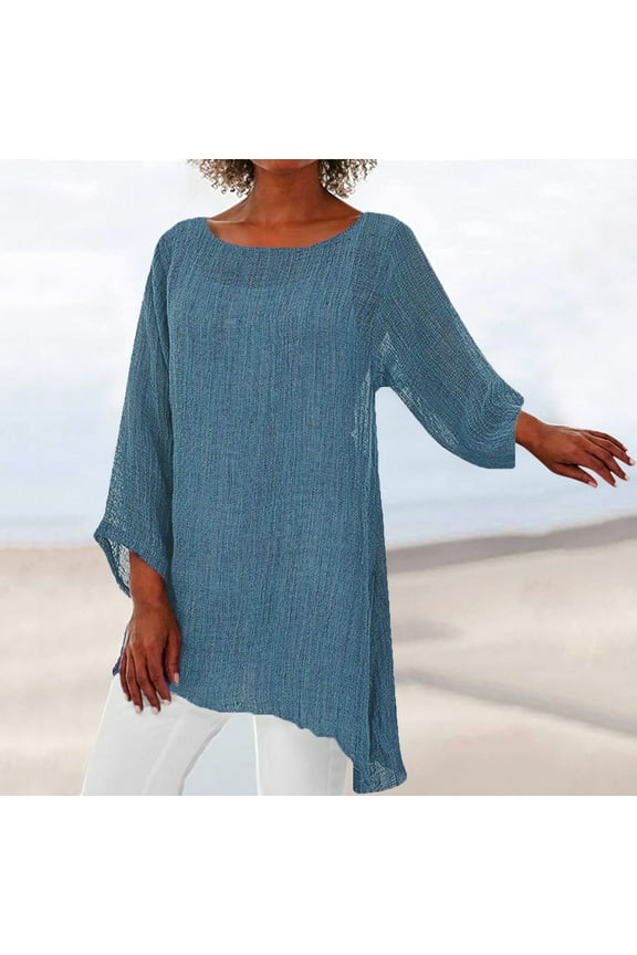 Women Plus Size Long Sleeve Irregular Hem Linen Baggy Blouse Shirt Ladies Summer Tunic Tops Blue
