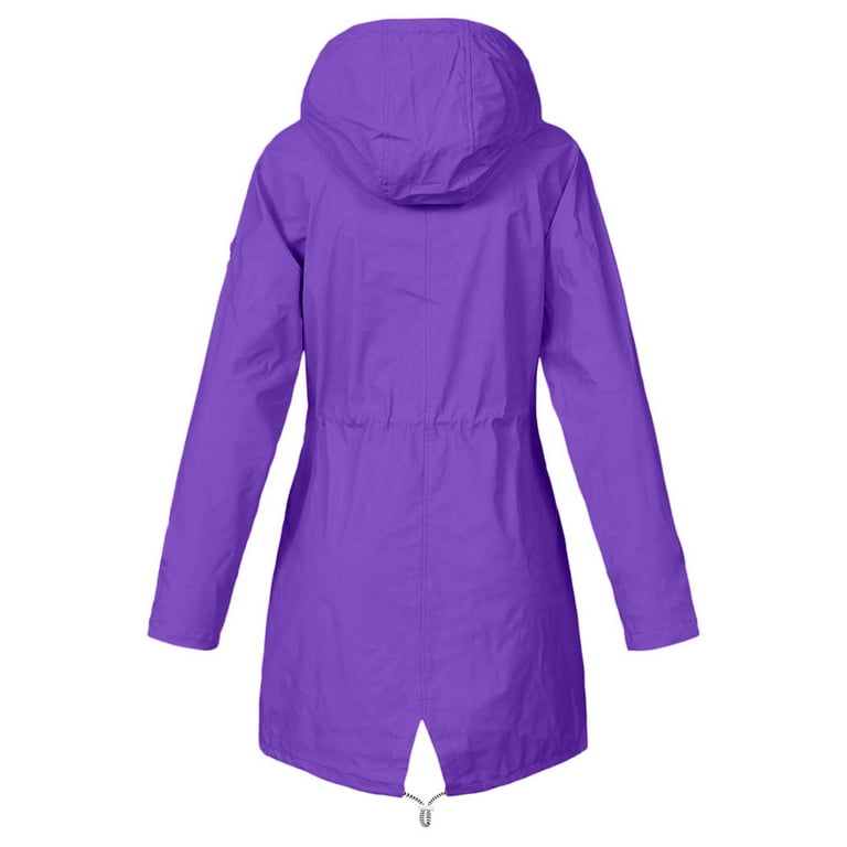 Shiusina Women Solid Rain Jacket Outdoor Plus Size Waterproof Hooded Windproof Loose Coat Purple 5XL