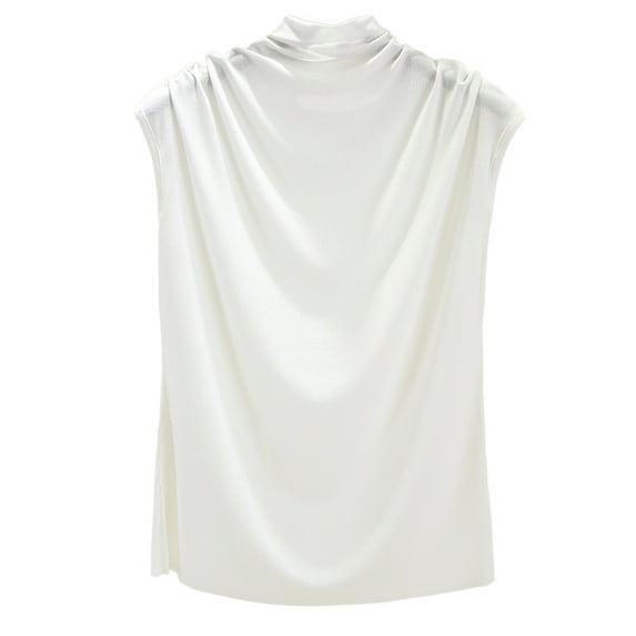 Shiusina Women Turtleneck Sleeveless Cotton Solid Casual Loose Tunic Top Tee Shirt Tank White M