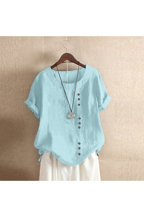 Womens Casual Loose Button Linen Plus Size Daily Boho Tanic T-Shirt Blouse Tops Blue