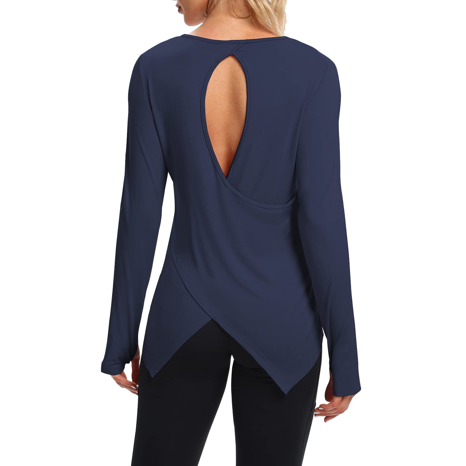Shiusina Womens Open Back Yoga Tops Long Sleeve Loose Fit Activewear Muscle Tops Workout Navy