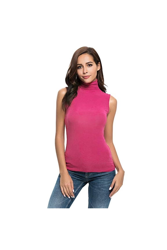 Womens Sleeveless Solid Slim Fit Turtleneck Tee Shirt Top Blouse Red + XL