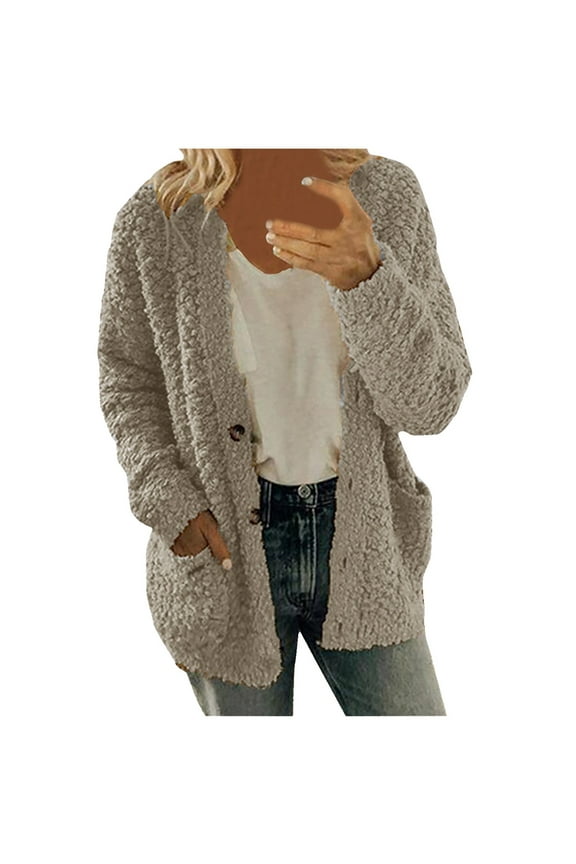 cardigan forwomen Women Casual Plus Size Plush Sweater Pockets Outerwear Buttons Cardigan Coat Grey
