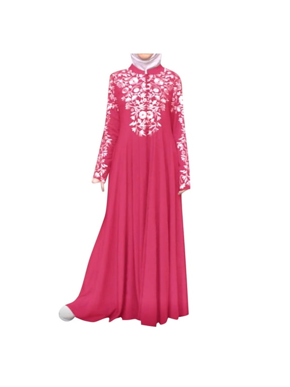 summer dresses for women 2022 Women Muslim Dress Kaftan Arab Jilbab Abaya Islamic Lace Stitching Maxi Dress Hot Pink XL