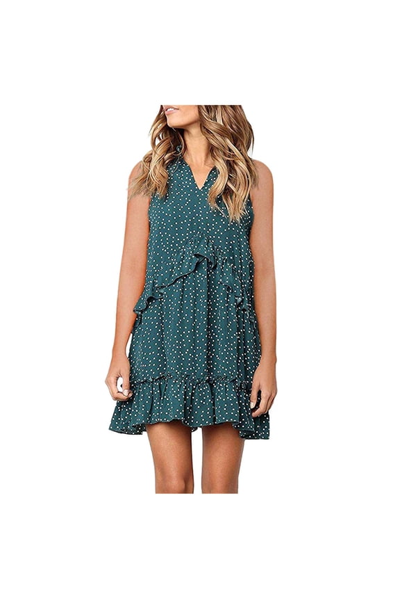 summer dresses for women 2022 Women's Sleeveless V Neck Summer Dot Print Sundress Casual Mini Dress Green XXL