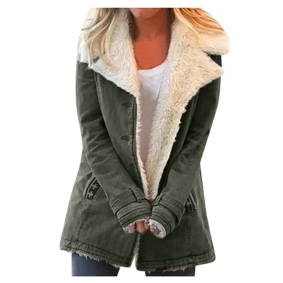 Shiusina winter coats forwomen Women Plus Size Winter Warm Composite PlushButton Lapels Jacket Outwearcoat Army Green