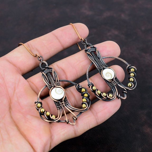 Shiva Eye Shell Earring Copper Wire Wrapped Earrings Unique Earring Copper Jewelry Gemstone Earrings Handmade Wire Jewelry Anniversary Gift