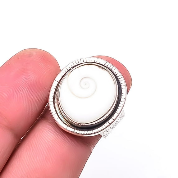 Shiva Eye Shell-Turkey Designer Handmade Oxidised 925 Sterling Silver Ring s.7, White Shiva Eye Shell Ring R_9447_218_55