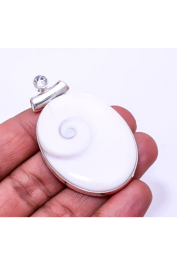 Shiva Eye Shell-Turkey & White Topaz 925 Sterling Silver Pendant 2.15", Off White Shiva Eye Shell Pendant P_9362_373_38