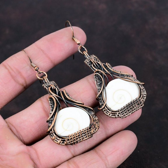 Shiva Eye Shell Earring Copper Wire Wrapped Earrings Handmade Earring Copper Jewelry Original Gemstone Earrings Wire Wrap Jewelry For Gift