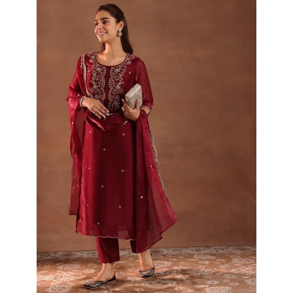 Shivansh Creations Maroon Glass Tissue Straight Kurta Set for Women with Dupatta & Trousers, Yoke Design Festive Wear