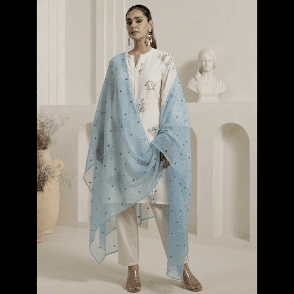 Shivansh Creations Off White Pure Cotton Embroidered Kurta Set with Trousers & Dupatta, Round Neck, Bell Sleeves, Festive Ready-to-Wear