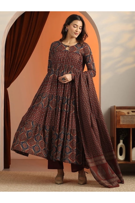 Women’s 3-Piece Rust Printed Cotton Anarkali Suit Set with Dupatta, Long Flared Kurta and Straight Pants, Ethnic & Festive Wear Outfit (S–2XL)