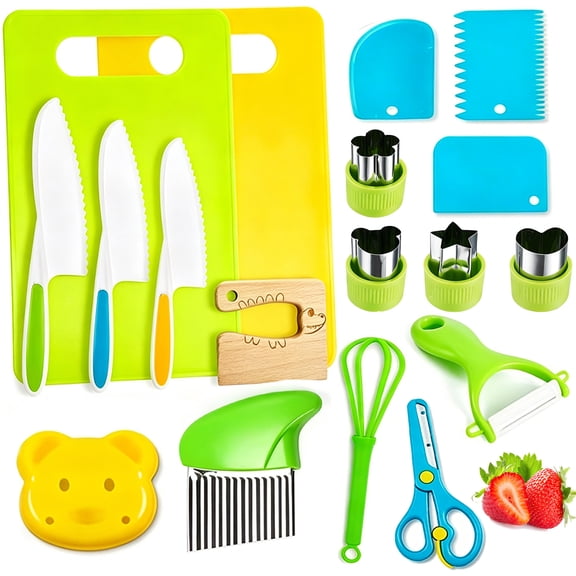 Shiyi Art 18 Pcs Toddler Cooking Baking Set, Montessori Kids Safe Kitchen Tools, BPA Free Kids Knife Set with Peeler & Cutting Board for Ages 3+