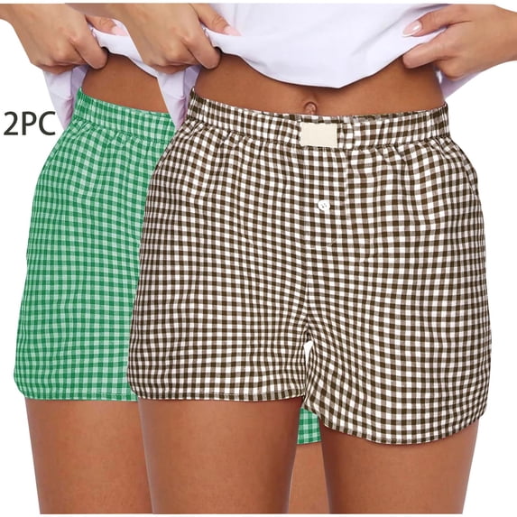 Ashyfjp 2Pcs Womens Shorts Cute Fashion Comfortable Elastic Waist Bottom Checkered Print Casual Shorts for Women, Khaki, XXXL
