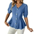 thumbnail image 1 of Shiyifun Blouses for Women Dressy Casual Button-Down Ruffle Mid-Sleeve V Neck Tops, Flowy Casual Summer Shirts, Blue, S, 1 of 7