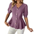 thumbnail image 1 of Ashyfjp Blouses for Women Dressy Casual Button-Down Ruffle Mid-Sleeve V Neck Tops, Flowy Casual Summer Shirts, Purple, XXL, 1 of 7