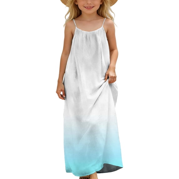 Ashyfjp Girls Sundress Fashion Gradient Sleeveless Suspender Pajamas with Back Drawstring, Loose Comfortable Breathable Dress for Girls, Size 5-14