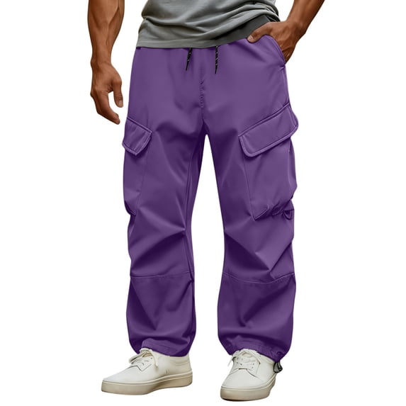 Ashyfjp Men's Cargo Pants Solid Color Straight Leg Drawstring Waist Work Pants with Multi-Pocket Adjustable Cuffs and Water-Repellent Design Trendy Trousers for Men, Size S-4XL