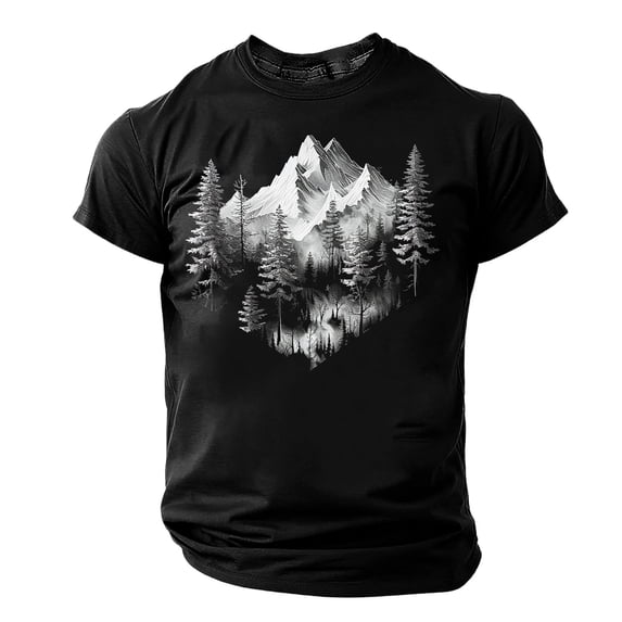 Shiyifun Mens Short Sleeve T-Shirts Printed Crew Neck Summer Top, Stylish Mountain & Pine Tree Reflection Graphic, Men's Tee Shirts Daily/Outdoor Casual Wear, Black, M