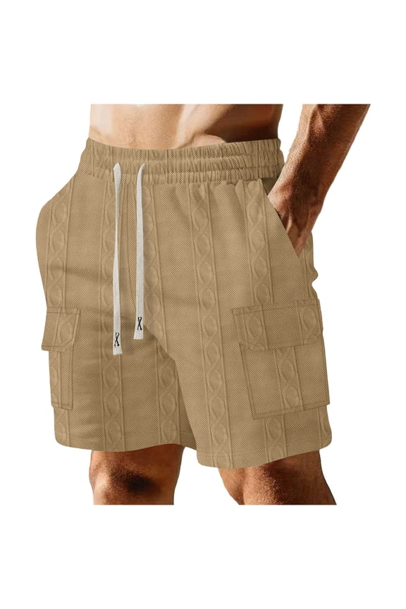 Mens Shorts Casual, Solid Color Drawstring Elastic Waist Weave Short Pants, Soft Breathable for Streetwear and Dailywear, Khaki, L