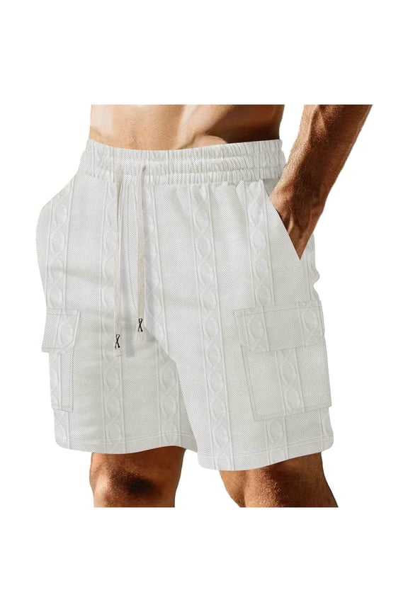 Mens Shorts Casual, Solid Color Drawstring Elastic Waist Weave Short Pants, Soft Breathable for Streetwear and Dailywear, White, L
