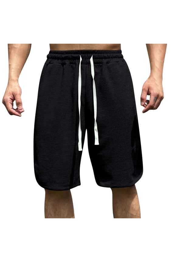 Mens Shorts Casual, Solid Color Drawstring Elastic Waist Weave Short Pants, Trendy for Streetwear and Dailywear, Black, S