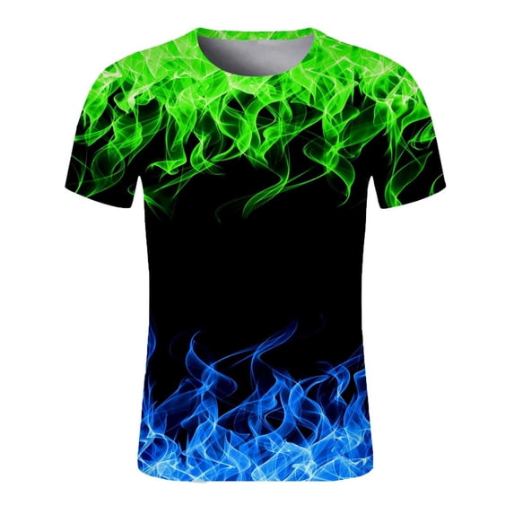 Ashyfjp Mens T-shirts Casual Short Sleeved Round Neck Tees Flame 3D Digital Printing Pullover Fitness Sports Tops, Green, XXXXL