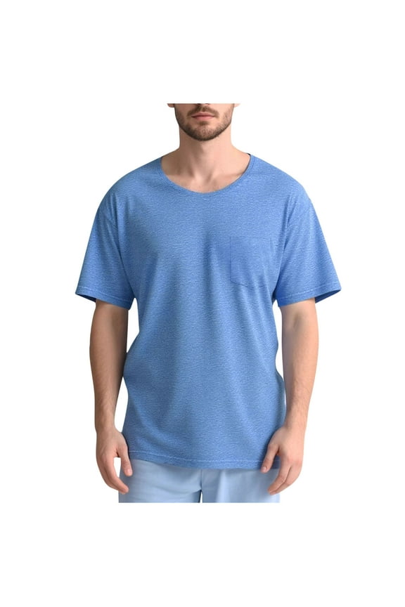 Mens Tops Solid Color Post Surgery Recovery Short Sleeved Tees with Full-Front Snap-Button Closure and Side Pockets for Chemotherapy Wear, Blue, L