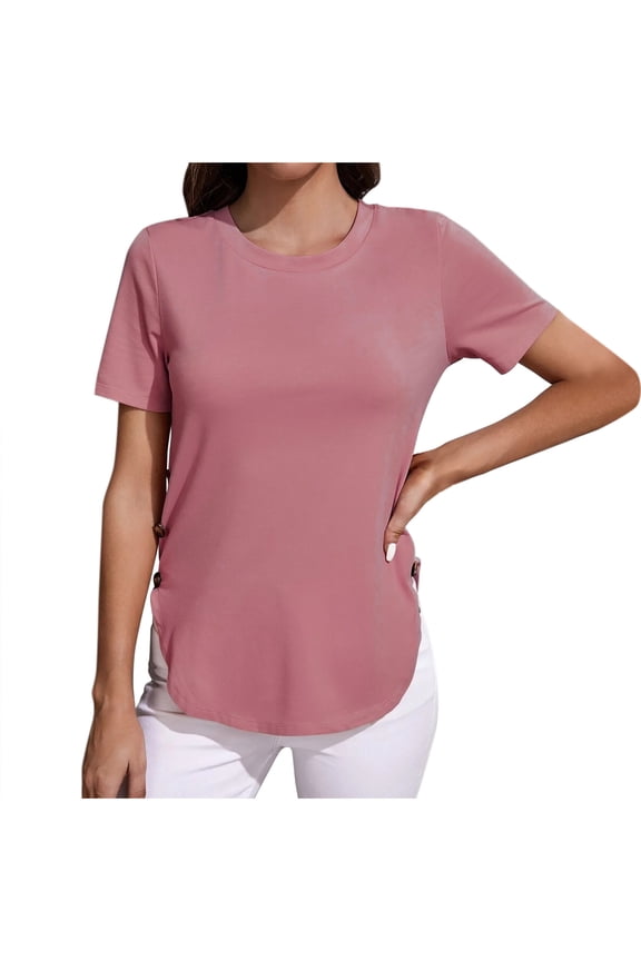 Womens Blouses Fashion Tailored Solid Color Short-Sleeve Round Neck Button-Down Casual Tops for Women, M