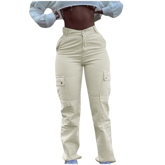 Ashyfjp Womens Jeans Casual Solid Color Trousers with Zipper Button Multiple-Pockets Trendy Versatile Denim Cargo Pants for Women, Size S-XXL