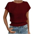 thumbnail image 1 of Shiyifun Womens Loose-Fit Ribbed Ruffled T-shirt Crew Neck Short Sleeve Top, Soft Stretchy Basic Tee for Daily Wear, Wine, M, 1 of 5