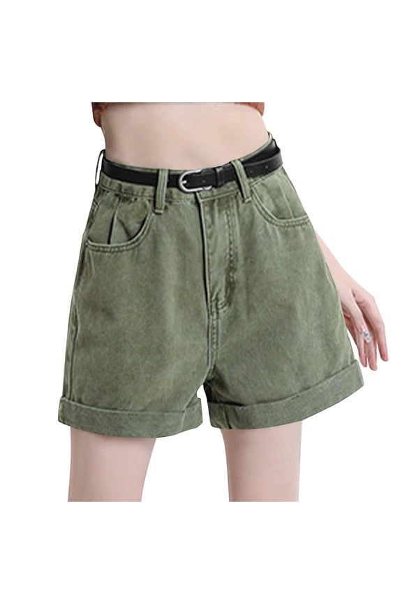 Womens Shorts Casual Solid-Color High-Waisted Denim Short Pants with Pocket Fashion and Versatile Shorts for Women, Green, S
