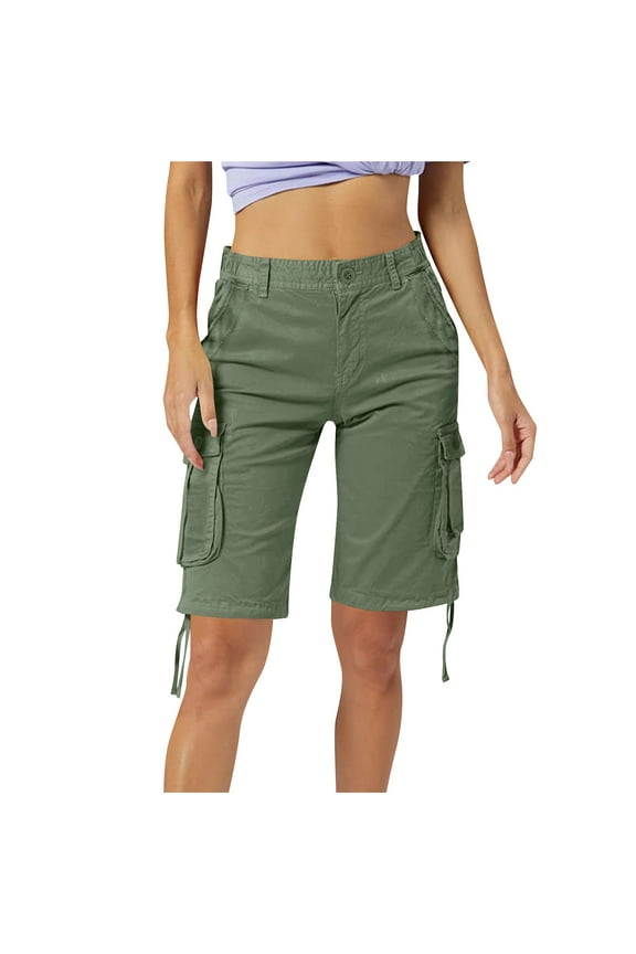 Ashyfjp Womens Shorts Casual Spring Solid Color Stretched Waist Slim Fit Fashion Versatile Short Pants with Pockets, Army Green, 33