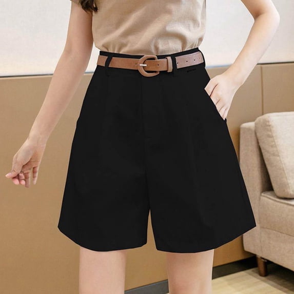 Ashyfjp Womens Shorts Fashion Solid Color Wide Leg Workwear Short Pants with Belt and Double Pocket Casual Shorts for Women, Black, M