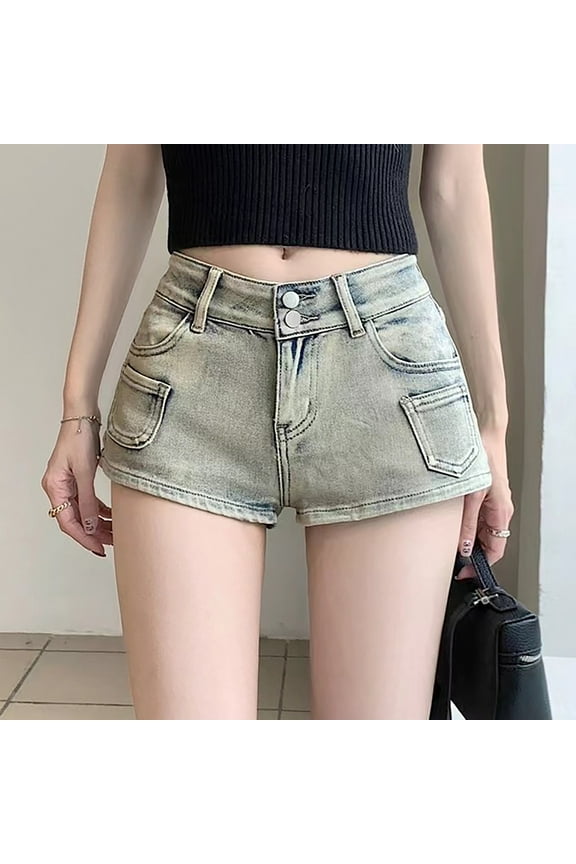 Ashyfjp Womens Shorts Solid Color Straight-Leg Denim Short Pants with Flattering Fit Versatile Style Leg-Lengthening Design, Blue, XXL