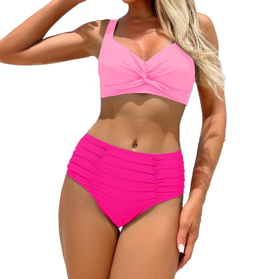 Ashyfjp Womens Swimming Suits Fashion Solid Color Bikini Tops with High Waist Swim Bottoms, Casual Comfortable Summer Swimsuits for Women, Size S-XXL