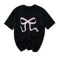 thumbnail image 1 of Ashyfjp Womens T-shirts Casual Fashion Bow Ribbon Printed Short Sleeve Crew Neck Comfortable Breathable Shirts for Women, Black, L, 1 of 4