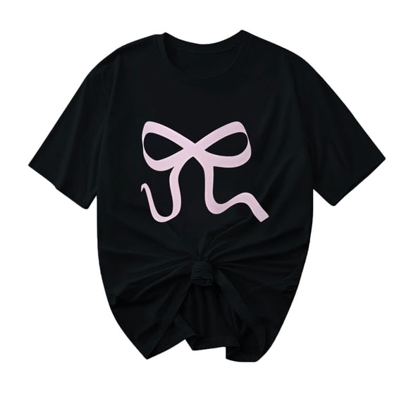Ashyfjp Womens T-shirts Casual Fashion Bow Ribbon Printed Short Sleeve Crew Neck Comfortable Breathable Shirts for Women, Black, L