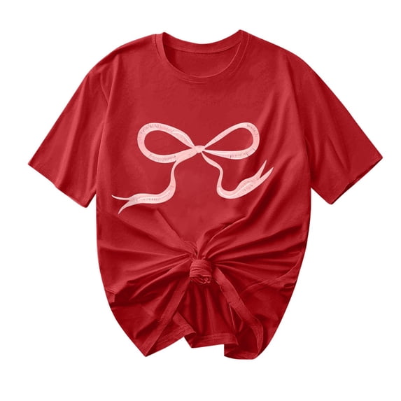 Ashyfjp Womens T-shirts Casual Fashion Bow Ribbon Printed Short Sleeve Crew Neck Comfortable Breathable Shirts for Women, Red, S