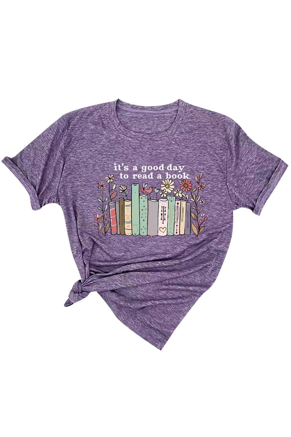 Shiyifun Womens T-shirts Casual Printed Short Sleeve Crew Neck Comfortable Fashion Graphic Tees for Women, Purple, L