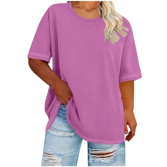 Ashyfjp Womens T-shirts Casuyal Plus Size Solid Color Short Sleeve Round Neck Base Layer T-Shirt for Women, XXXXL