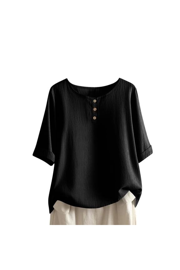 Womens Tops Casual Loose Solid-Color Mid-Sleeve Crew Neck Breathable Comfortable Shirts for Women, Black, M