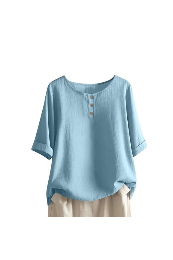 Womens Tops Casual Loose Solid-Color Mid-Sleeve Crew Neck Breathable Comfortable Shirts for Women, Light Blue, S