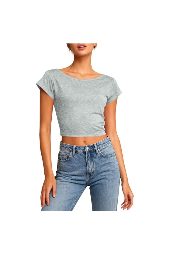 Womens Tops Casual Solid Color Short Sleeve Crew Neck Trendy Backless Crop Top with Cutout Design, Gray, M